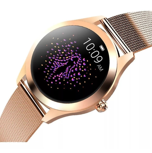 "Elegant Galaxy smartwatch til kvinder med metalrem i roseguld, 40mm urskive, sundhedsfunktioner og notifikationer."