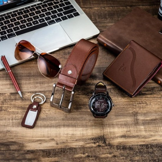 "Elegant gaveæske til mænd med læderpung, læderbælte, rustfrit stål ur, kvalitetspen og polariserede solbriller."