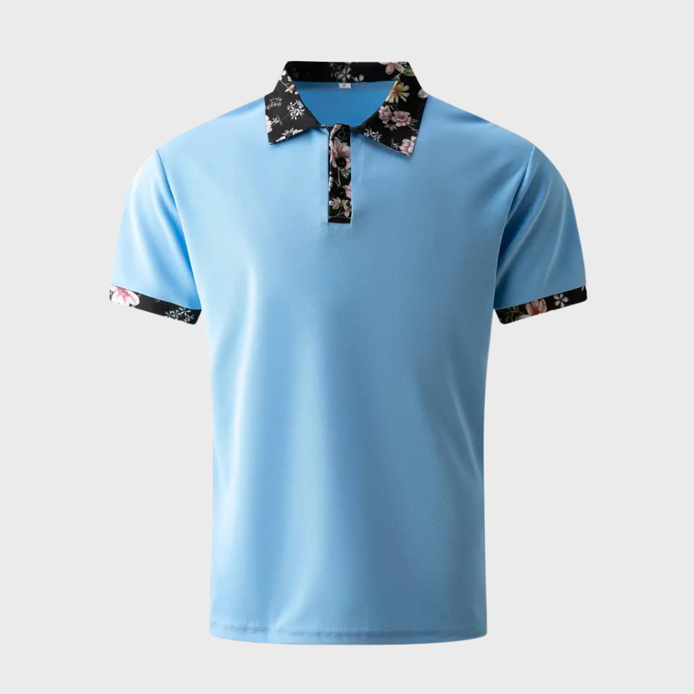 "Elegant herre poloshirt med blomsterkrave og manchetter, slank pasform, perfekt til både casual og formelle lejligheder."