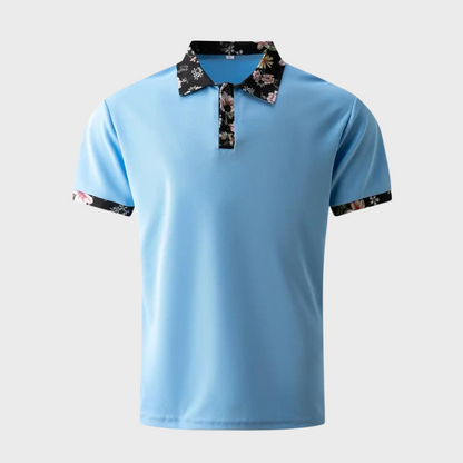 "Elegant herre poloshirt med blomsterkrave og manchetter, slank pasform, perfekt til både casual og formelle lejligheder."