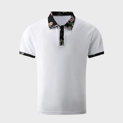 "Elegant herre poloshirt med blomsterkrave og manchetter, slank pasform, perfekt til både casual og formelle lejligheder."