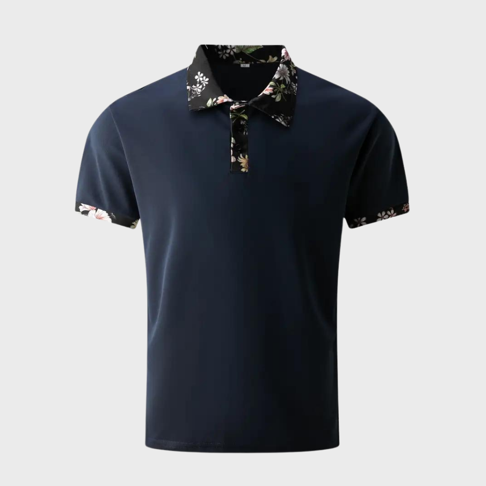 "Elegant herre poloshirt med blomsterkrave og manchetter, slank pasform, perfekt til både casual og formelle lejligheder."