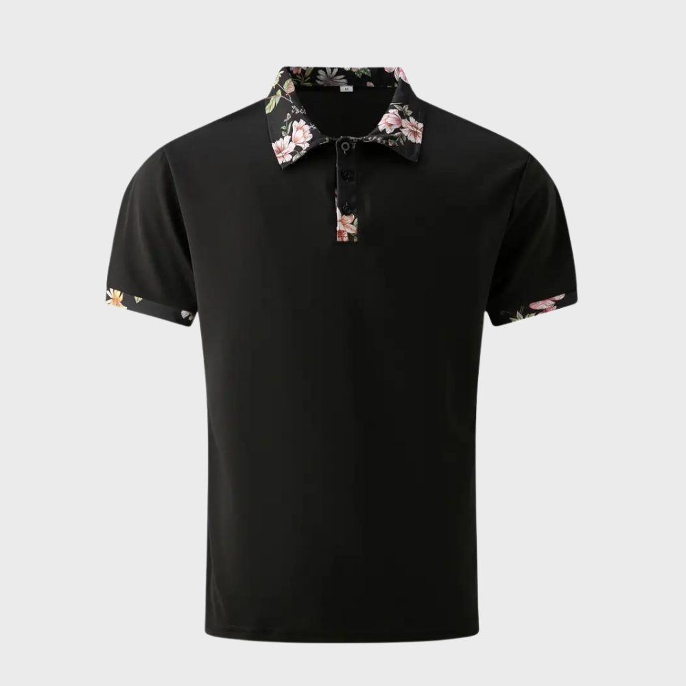 "Elegant herre poloshirt med blomsterkrave og manchetter, slank pasform, perfekt til både casual og formelle lejligheder."