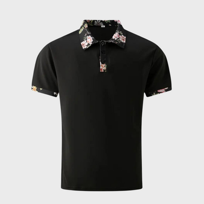 "Elegant herre poloshirt med blomsterkrave og manchetter, slank pasform, perfekt til både casual og formelle lejligheder."