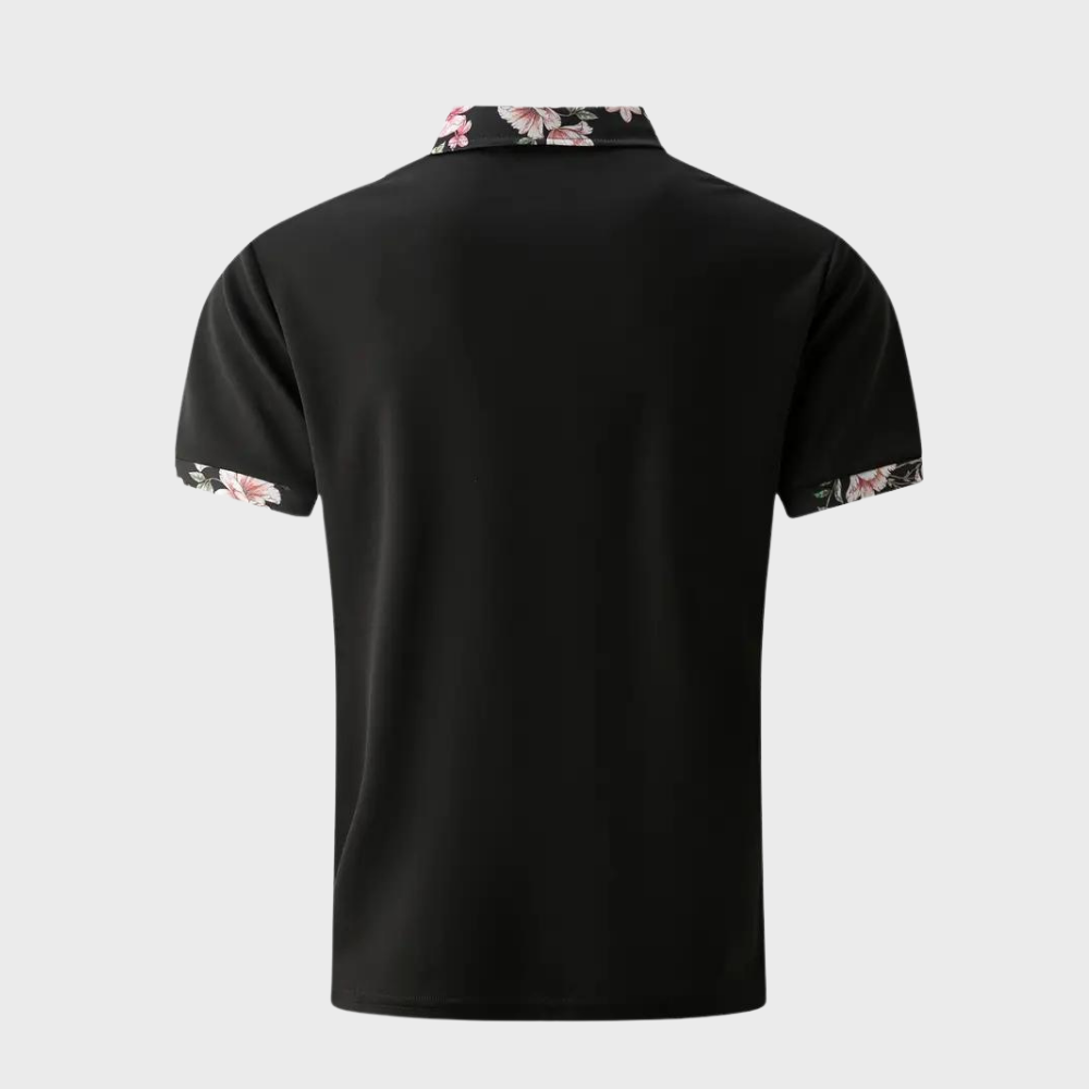 "Elegant herre poloshirt med blomsterkrave og manchetter, slank pasform, perfekt til både casual og formelle lejligheder."