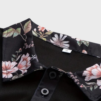 "Elegant herre poloshirt med blomsterkrave og manchetter, slank pasform, perfekt til både casual og formelle lejligheder."