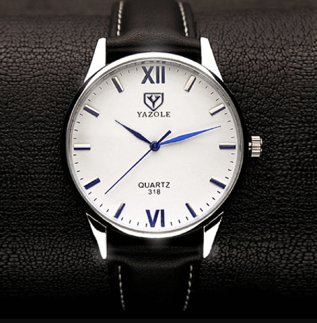 "Elegant herreur med sort læderrem og romertalsskive, klassisk design til forretning og fritid."