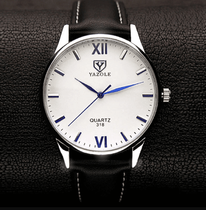 "Elegant herreur med sort læderrem og romertalsskive, klassisk design til forretning og fritid."