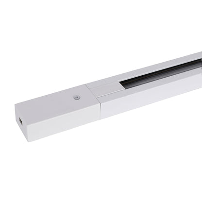 "Elegant hvid 1.5M strømskinne, 1-faset, monteret i loft, justerbar til lamper og spots, minimalistisk design."