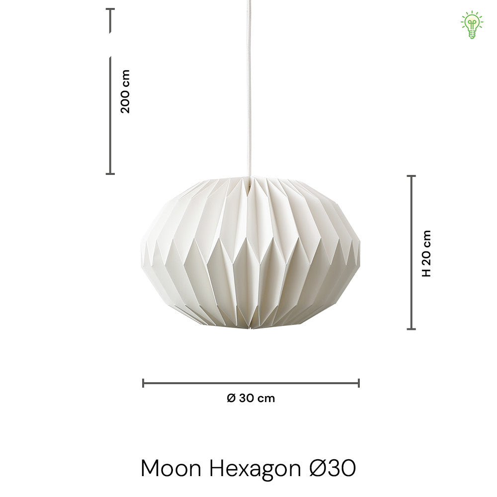 "Elegant hvid Moon Hexagon pendel i akryl med geometrisk design, jævn lysspredning og blød belysning, perfekt til stue."