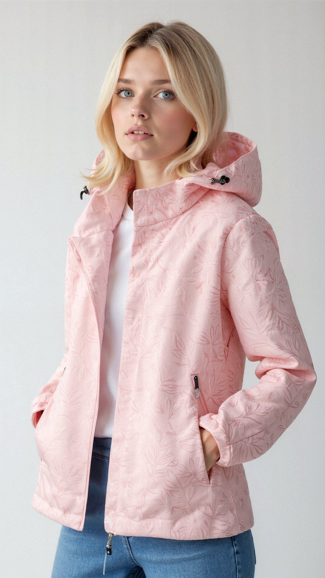 "Elegant kvindejakke, vind- og vandtæt, moderne snit, lys beige farve, perfekt til hverdagsbrug i al slags vejr."