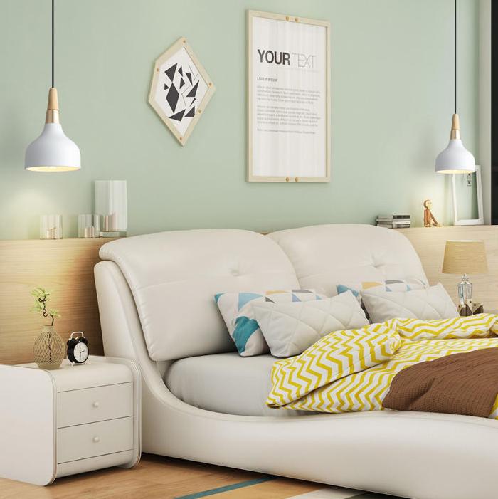 "Elegant macaron disc pendellampe i hvide og pastelfarver, moderne design, ideel til stuer og caféer. Stilfuldt jern og træ."