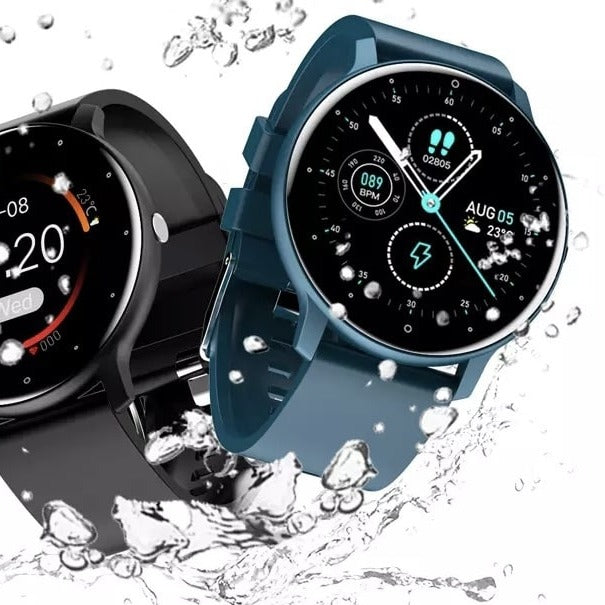 "Elegant og let smartwatch til iOS/Android, vandtæt design, til sport og hverdag, sort urrem og rund skærm."