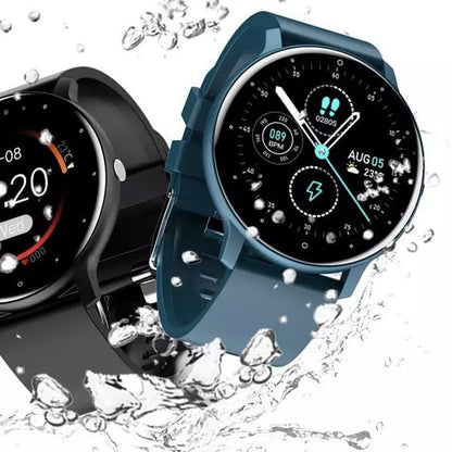 "Elegant og let smartwatch til iOS/Android, vandtæt design, til sport og hverdag, sort urrem og rund skærm."