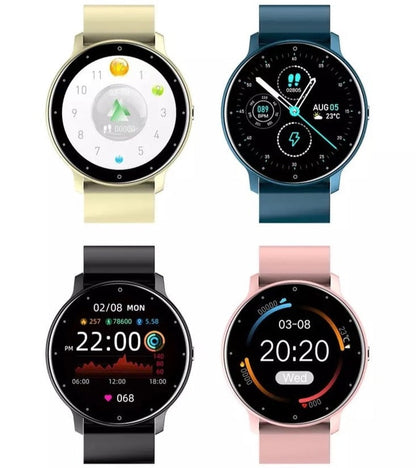 "Elegant og let smartwatch til iOS/Android, vandtæt design, til sport og hverdag, sort urrem og rund skærm."