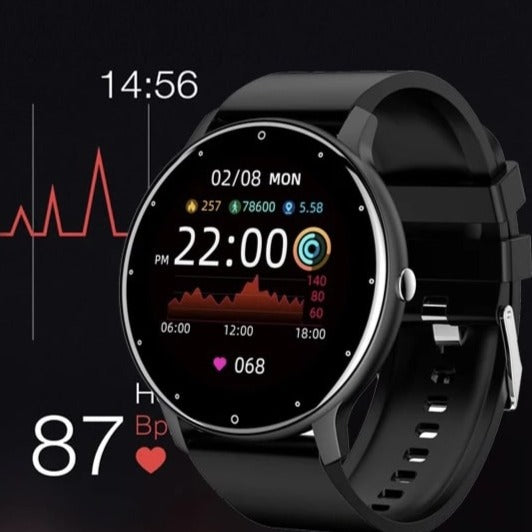 "Elegant og let smartwatch til iOS/Android, vandtæt design, til sport og hverdag, sort urrem og rund skærm."