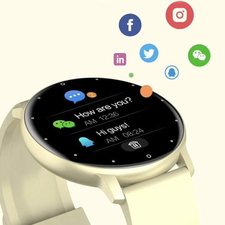 "Elegant og let smartwatch til iOS/Android, vandtæt design, til sport og hverdag, sort urrem og rund skærm."