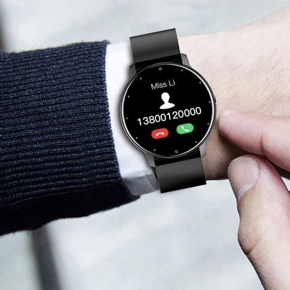 "Elegant og let smartwatch til iOS/Android, vandtæt design, til sport og hverdag, sort urrem og rund skærm."