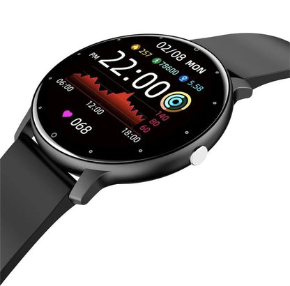 "Elegant og let smartwatch til iOS/Android, vandtæt design, til sport og hverdag, sort urrem og rund skærm."