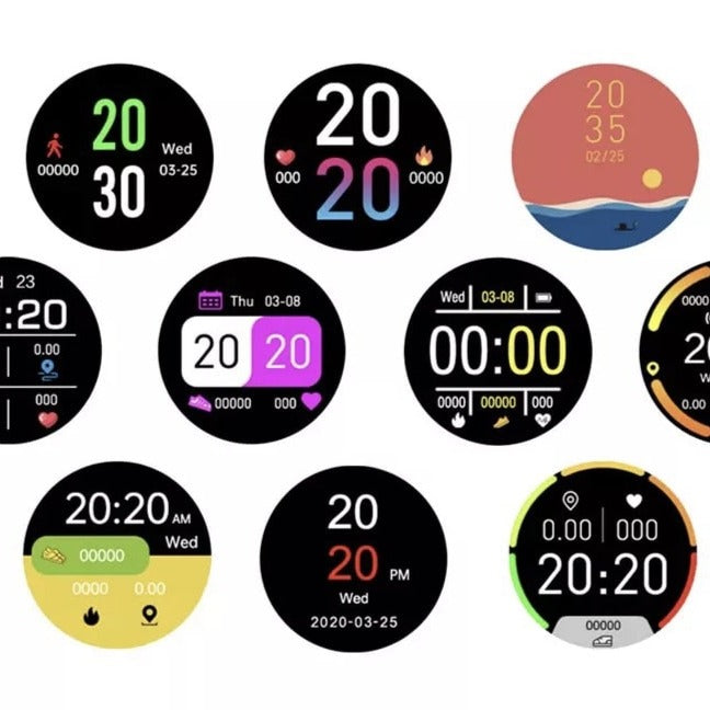 "Elegant og let smartwatch til iOS/Android, vandtæt design, til sport og hverdag, sort urrem og rund skærm."