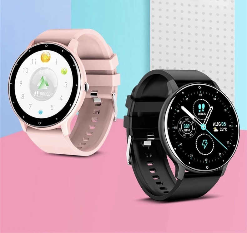 "Elegant og let smartwatch til iOS/Android, vandtæt design, til sport og hverdag, sort urrem og rund skærm."