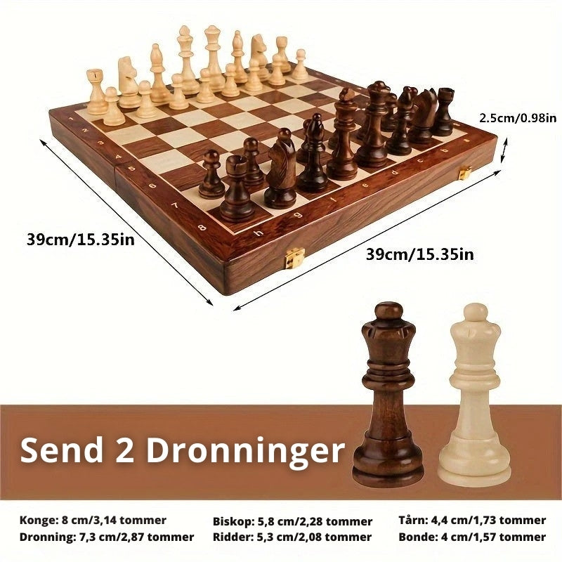 "Elegant skaksæt med detaljerede brikker på klassisk bræt, ideelt til sofistikeret skakspil og sikker opbevaring."