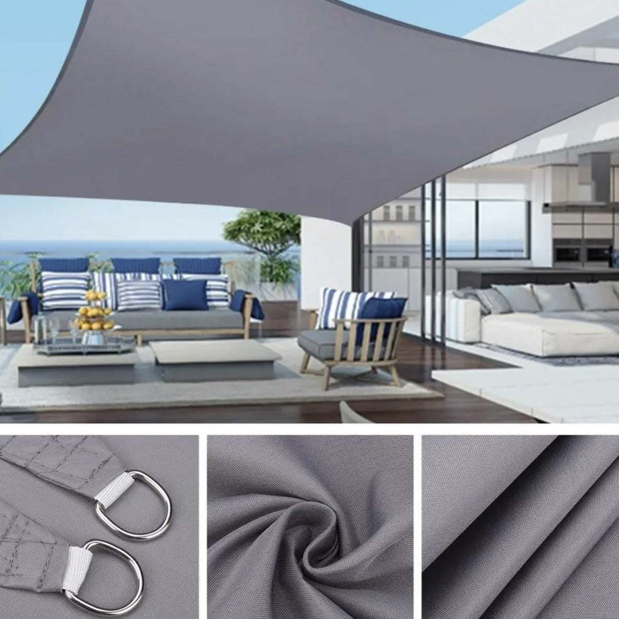 "Elegant SunStopper™ solskærm på terrasse. Vandtæt 420D polyester, UV-beskyttelse, rektangulær form, nem installation."