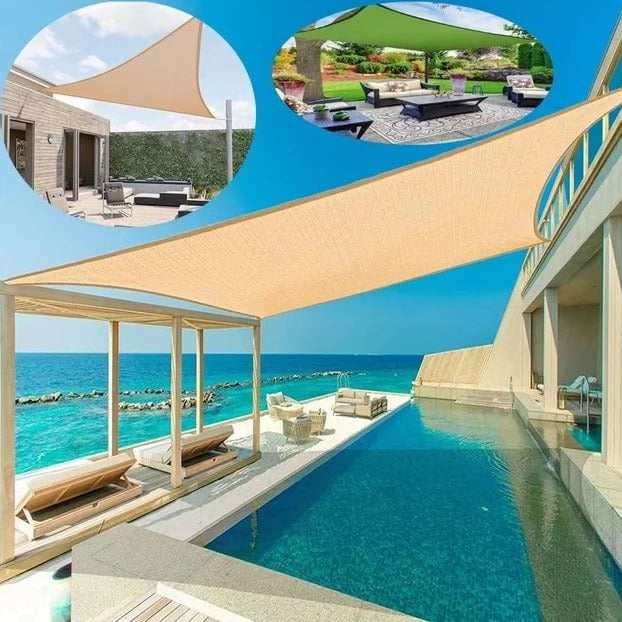 "Elegant SunStopper™ solskærm på terrasse. Vandtæt 420D polyester, UV-beskyttelse, rektangulær form, nem installation."