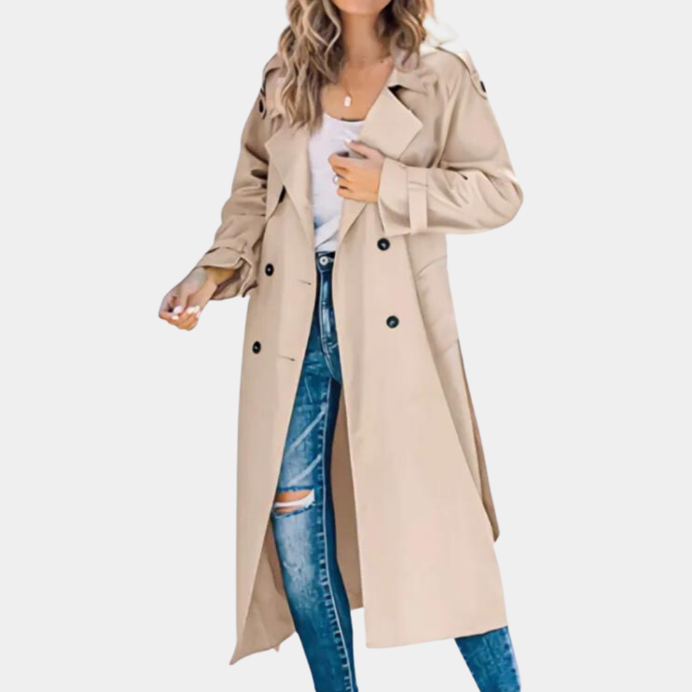 "Elegant trenchcoat i armygrøn, klassisk design med justerbar talje, ideel til fashionabelt udendørsbrug."