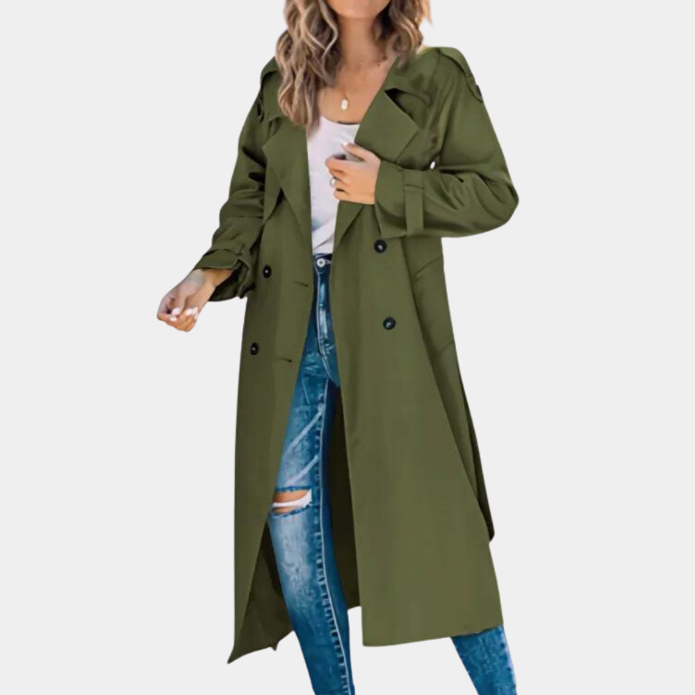 "Elegant trenchcoat i armygrøn, klassisk design med justerbar talje, ideel til fashionabelt udendørsbrug."