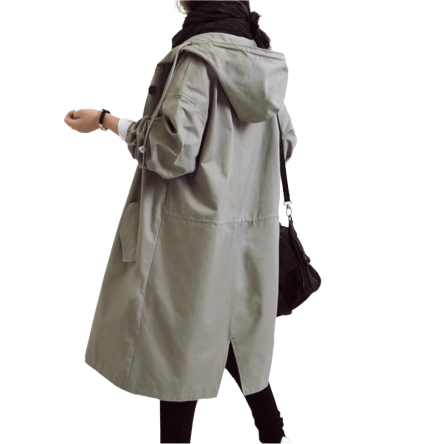 "Elegant, vandafvisende trenchcoat til kvinder i klassisk design, med bælte og lommer, velegnet til overgangsvejr."