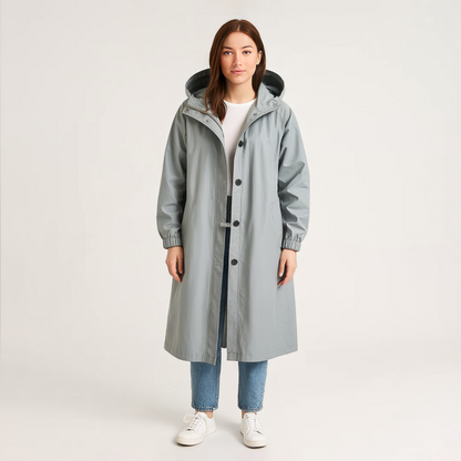 "Elegant, vandafvisende trenchcoat til kvinder i klassisk design, med bælte og lommer, velegnet til overgangsvejr."