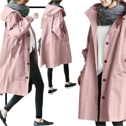 "Elegant, vandafvisende trenchcoat til kvinder i klassisk design, med bælte og lommer, velegnet til overgangsvejr."