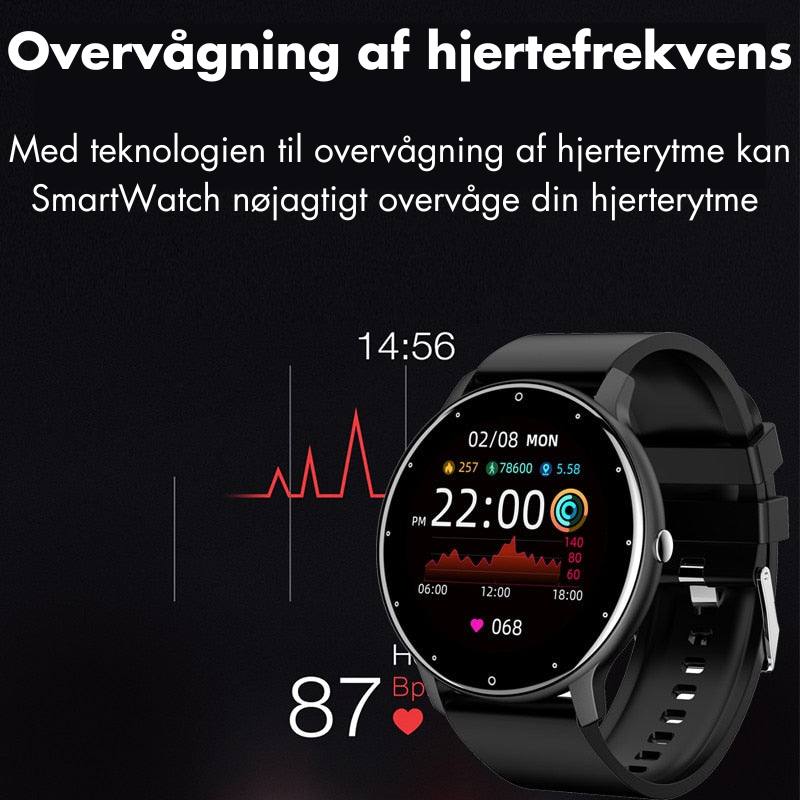 "Elegant vandtæt smartwatch, IP67-certificeret, med sort silikonebånd, sundhedsovervågning og 1,28-tommers skærm."