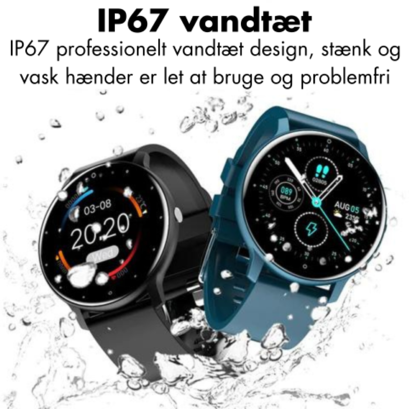 "Elegant vandtæt smartwatch, IP67-certificeret, med sort silikonebånd, sundhedsovervågning og 1,28-tommers skærm."