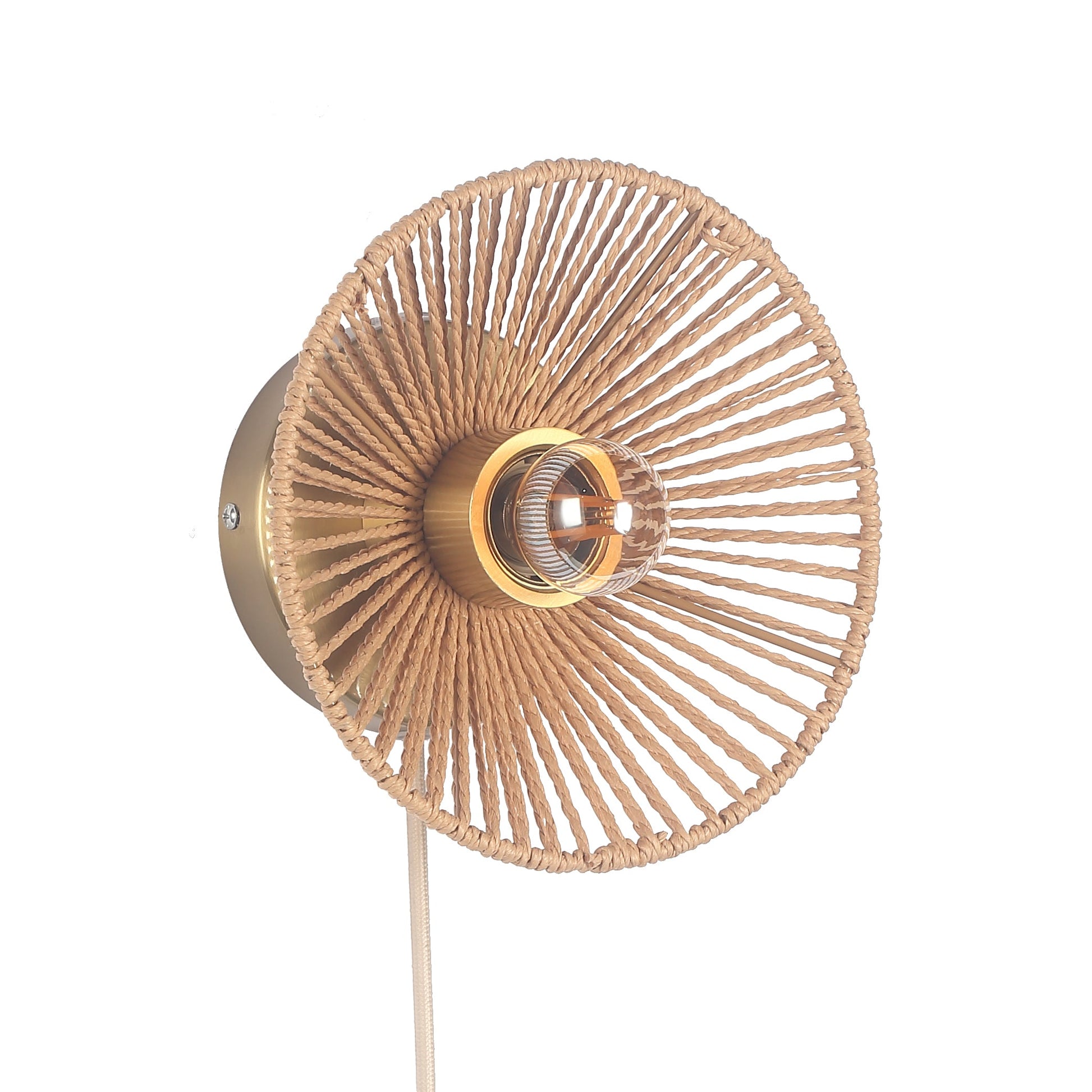 "Elegant Wave væglampe Ø20 i flettet papirrebsdesign, naturligt og rustikt look med stemningsfuldt blødt lys."