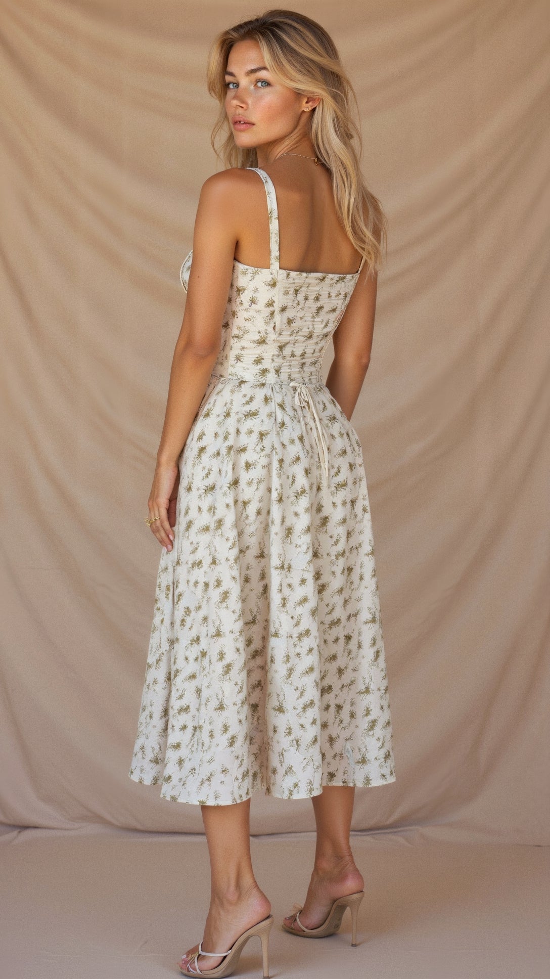 Elegante talje-kjole i champagnefarve med bustier-design og forførende sideslids, ideel til sommerens fester.