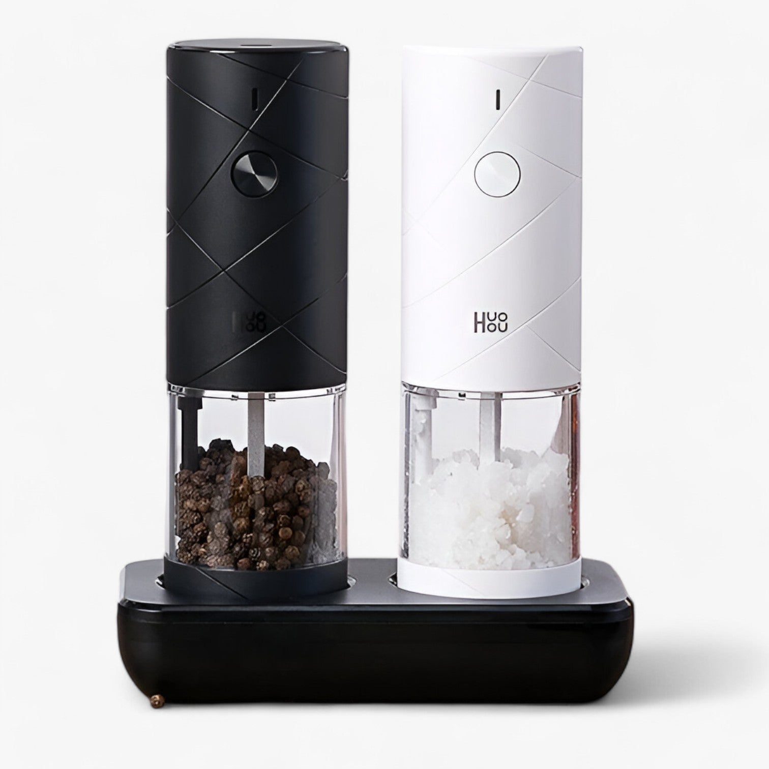 Elektrisk peber- og saltmølle med LED-lys, justerbare hastigheder og elegant design, perfekt til præcision i køkkenet.