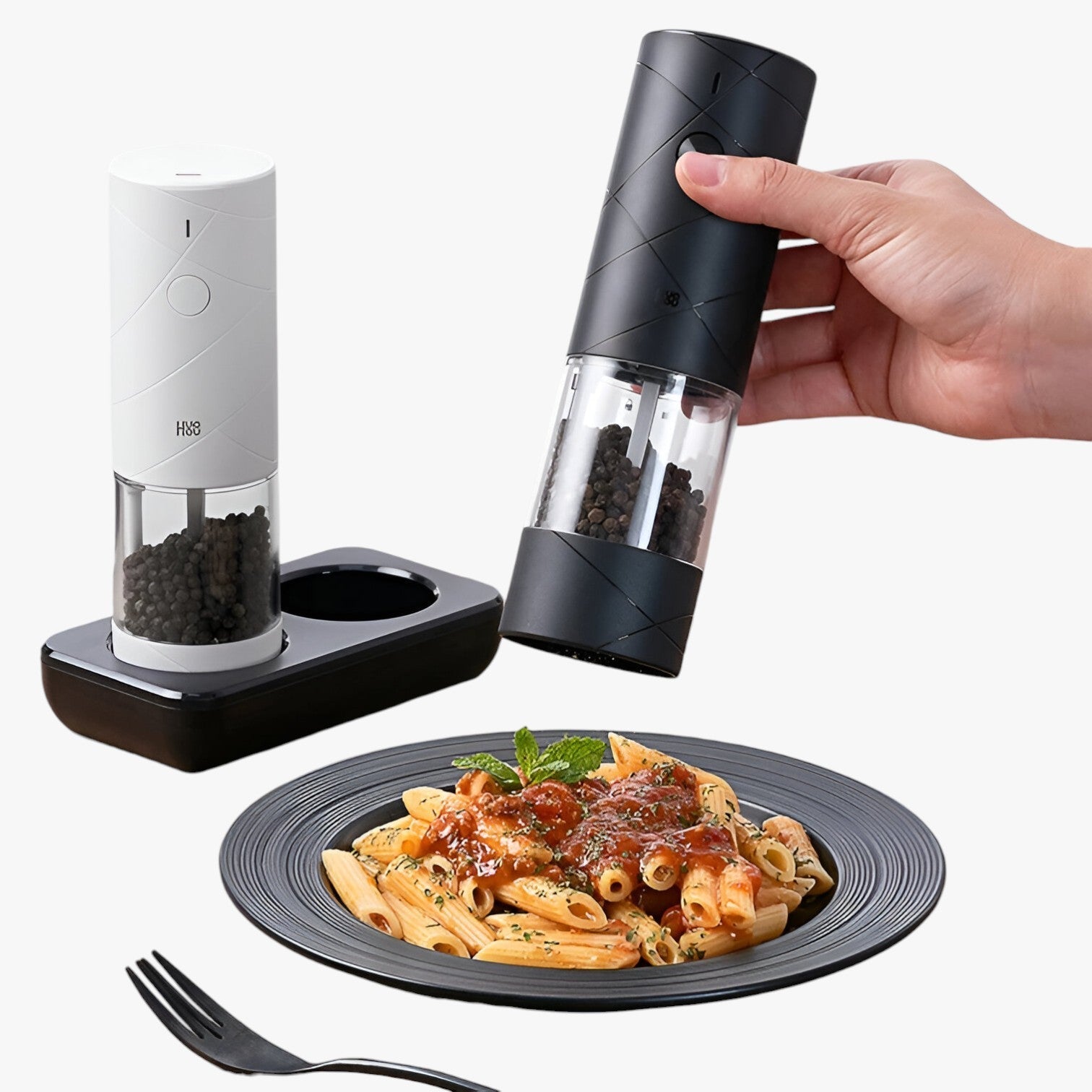 Elektrisk peber- og saltmølle med LED-lys, justerbare hastigheder og elegant design, perfekt til præcision i køkkenet.