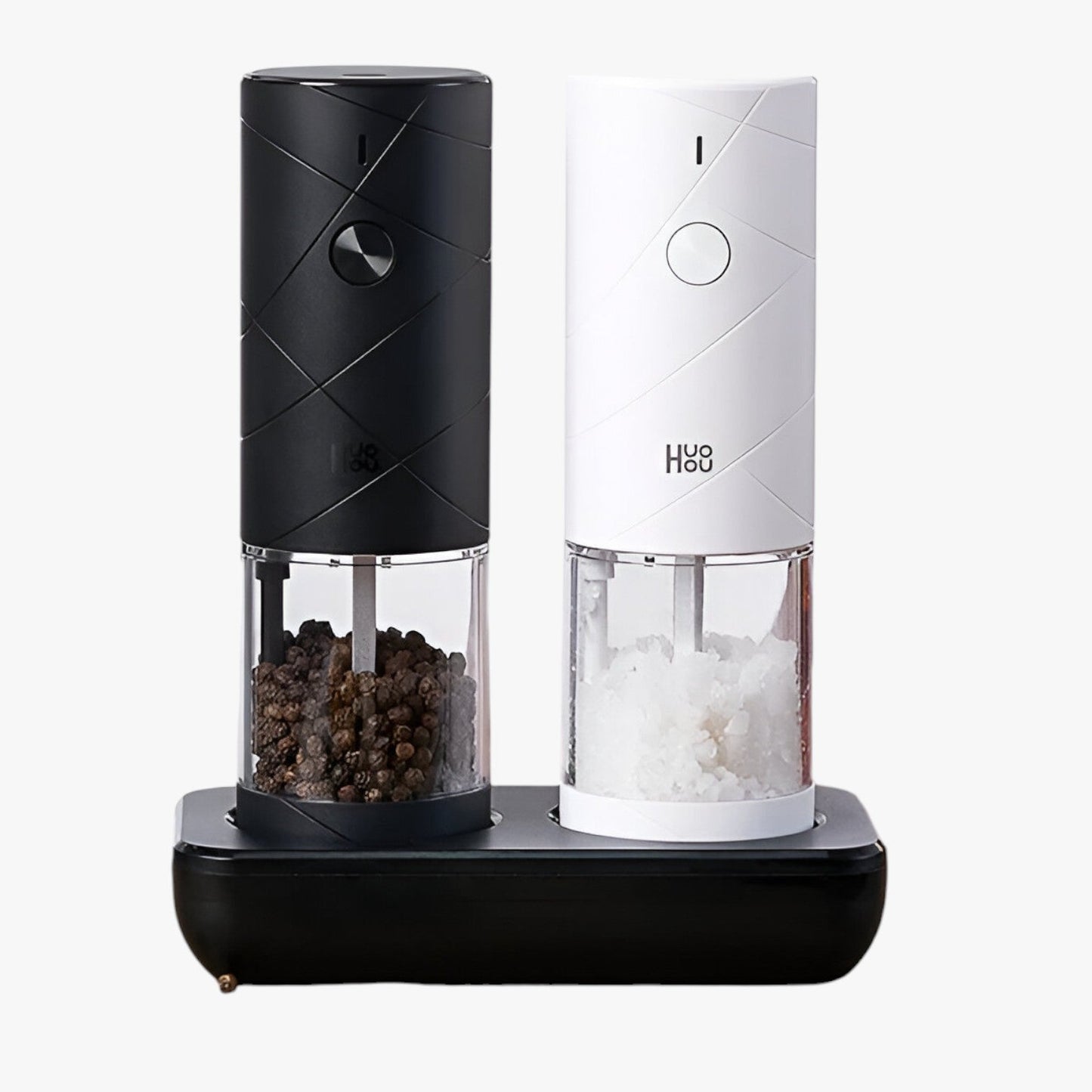 Elektrisk peber- og saltmølle med LED-lys, justerbare hastigheder og elegant design, perfekt til præcision i køkkenet.