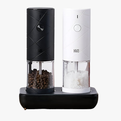 Elektrisk peber- og saltmølle med LED-lys, justerbare hastigheder og elegant design, perfekt til præcision i køkkenet.