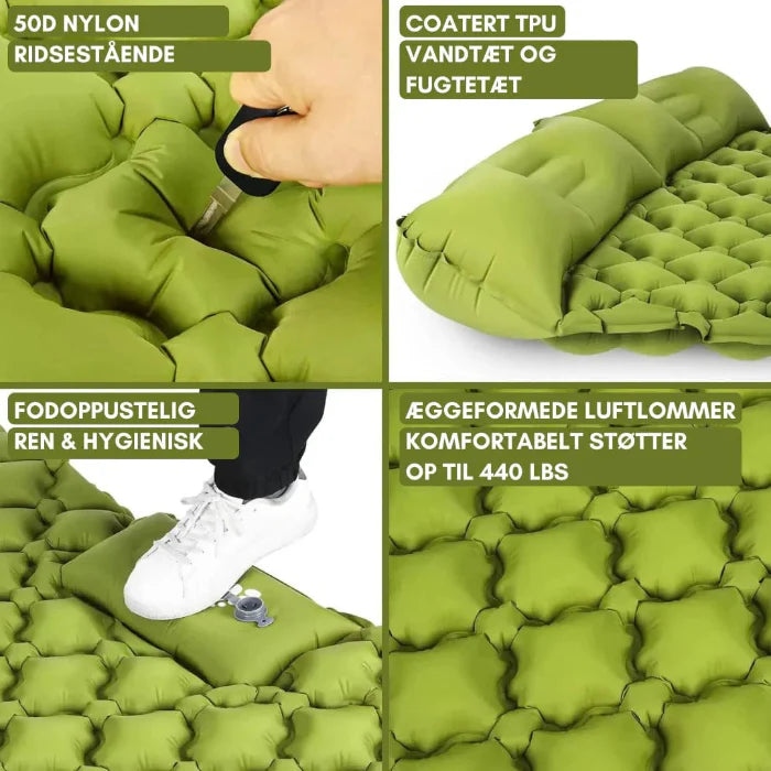 "Ergonomisk 2-personers luftmadras med pumpe, ideel til camping. Letvægtsdesign med indbyggede puder for optimal komfort."