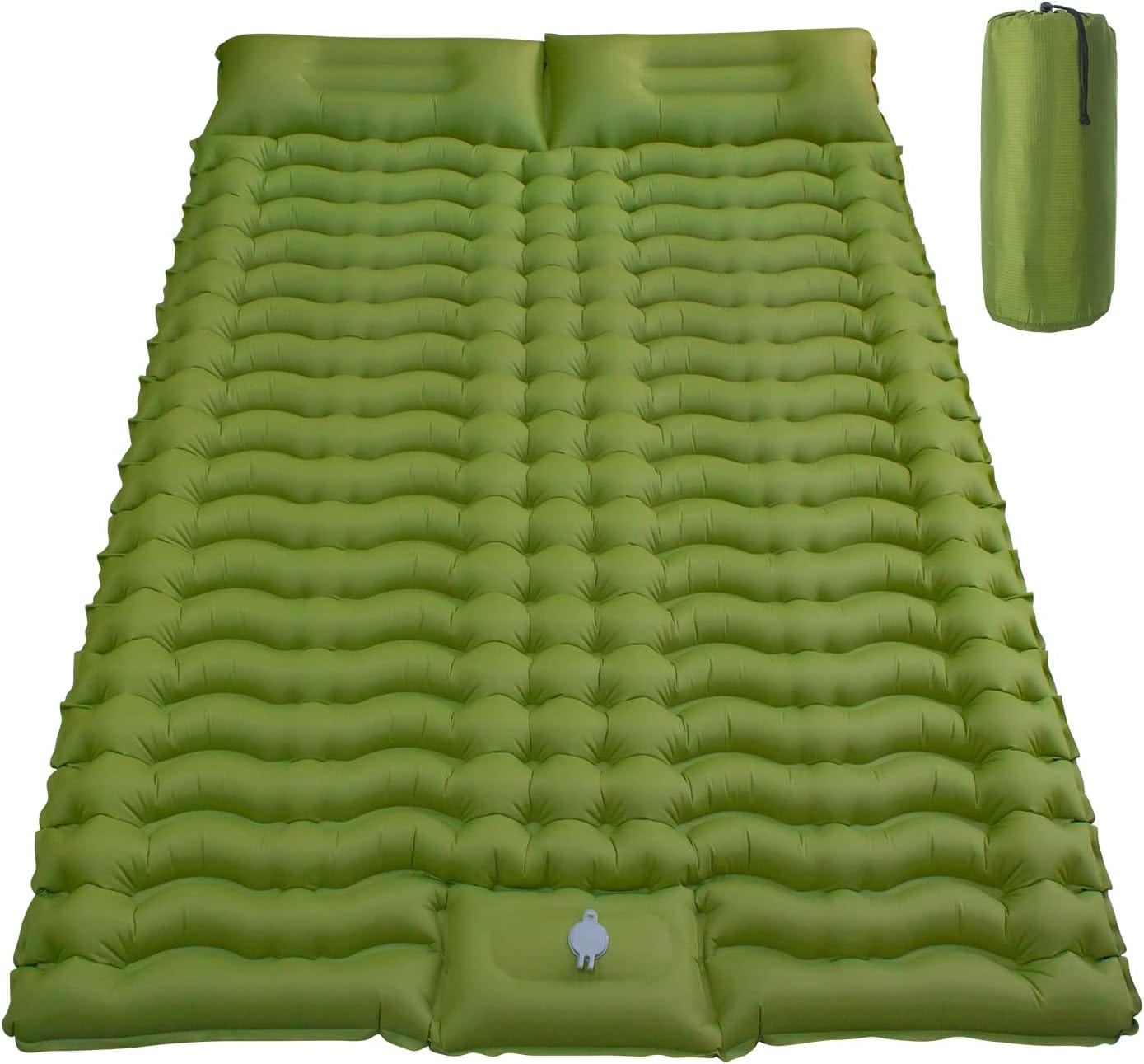 "Ergonomisk 2-personers luftmadras med pumpe, ideel til camping. Letvægtsdesign med indbyggede puder for optimal komfort."