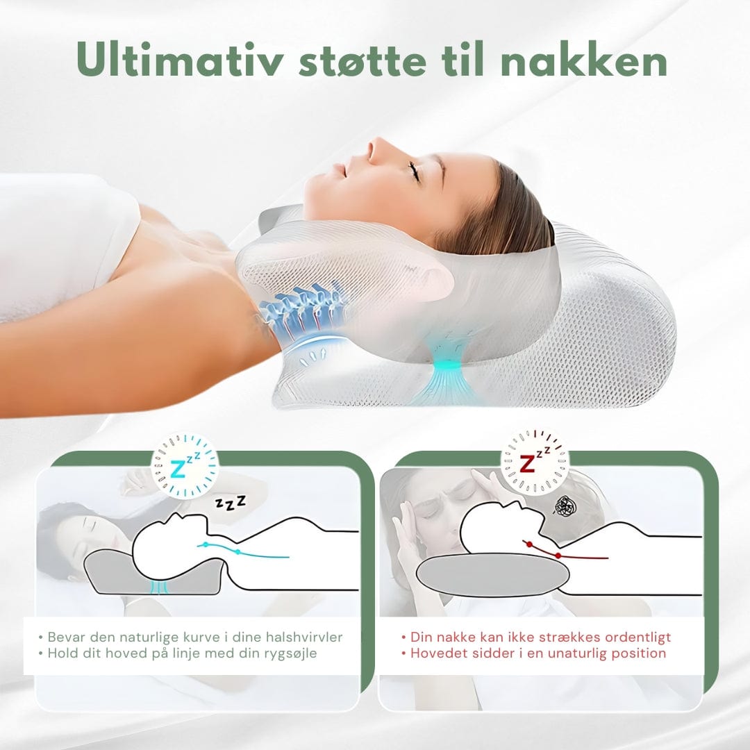Ergonomisk ortopædisk pude i hvid-grå, memoryskum designet til nakkestøtte og maksimal sovekomfort i soveværelset.