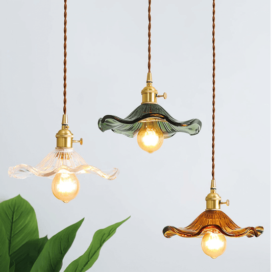 Elegant Hibiscus Pendel Lampe i Messing og Glas