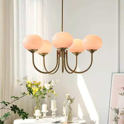 Elegant Lysekrone med Gyldne Detaljer & Lyserøde Glasskærme