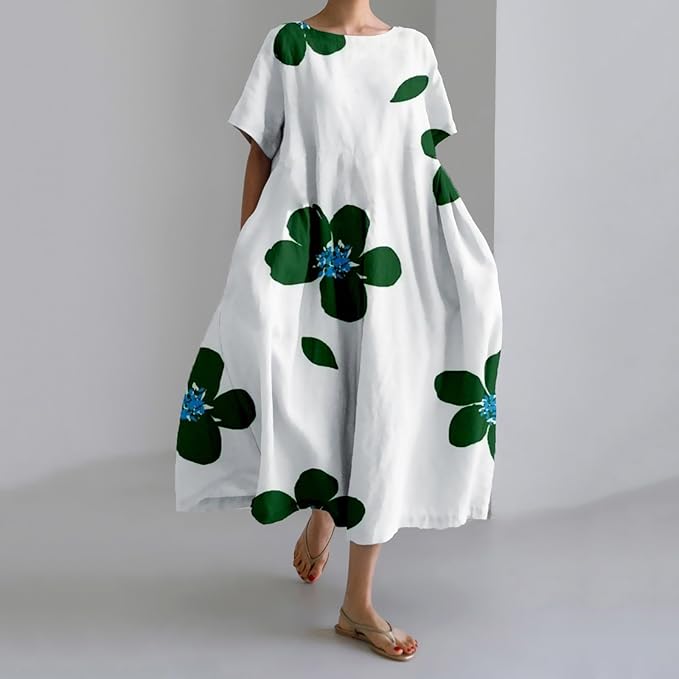 "Farverig blomsterkjole i pastelnuancer med flatterende silhuet, ideel til forårsbegivenheder og afslappet brug."