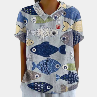 "Farverig bluse til kvinder med blomsterprint, kortærmet og rund krave, tilføjer farve og stil til hverdagslook."