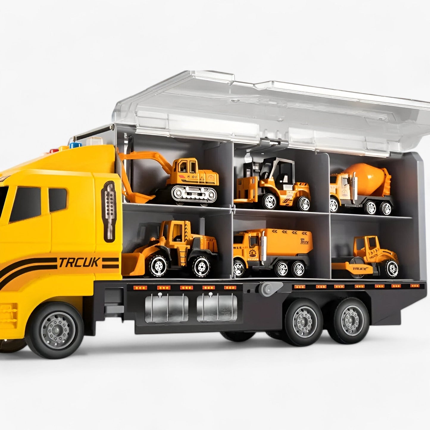 "Farverigt byggesæt til børn, med robuste gravemaskiner, bulldozere og lastbiler, der fremmer kreativ leg og læring."