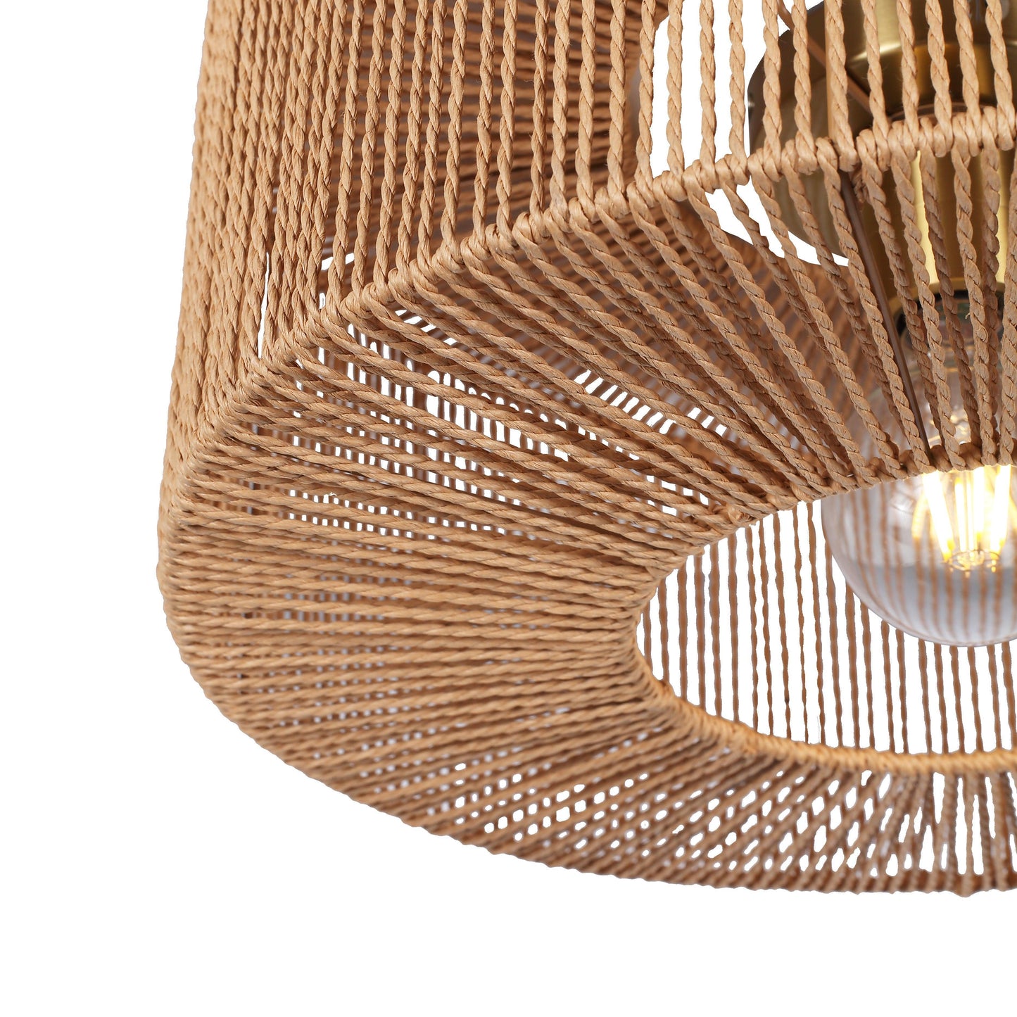 Flettet loftlampe Ø46 med naturlig papirrebs tekstur, elegant og rustik til hyggelig belysning. Passer til moderne indretning